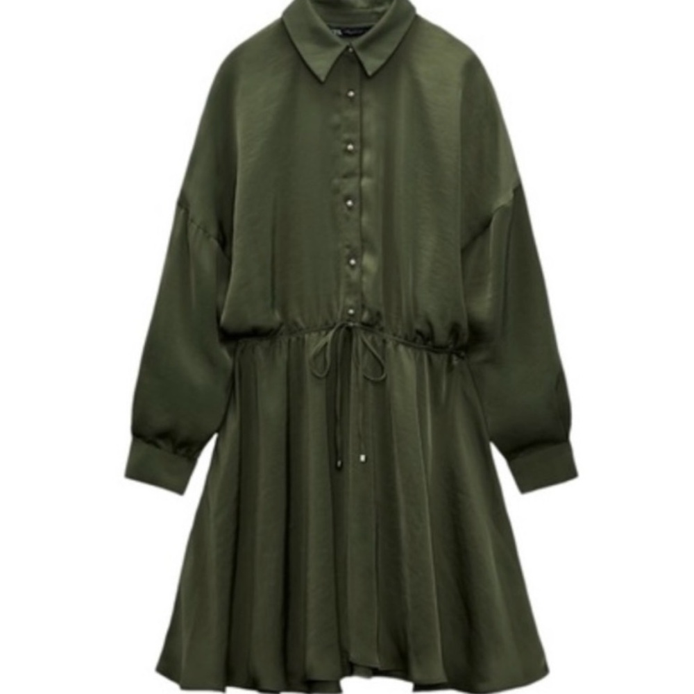 Zara Satin Olive Green Button-Up Mini Dress Size Medium